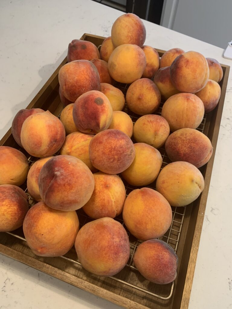 A wooden tray filled with ripe peaches, showcasing their fuzzy skin and vibrant orange and red hues.